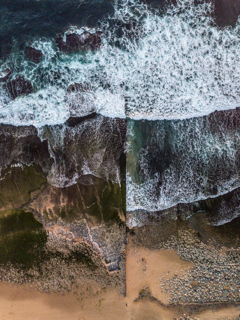 an aerial shot of waves crashing on the shore
spirogyra 